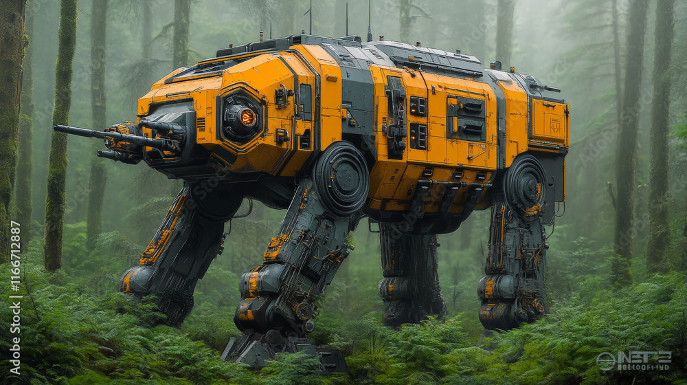 Poster discover futuristic technology with this advanced robotic machine in a lush forest setting, showcasi
