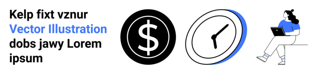 Black dollar sign, clock, person with a laptop. Ideal for remote work, productivity, efficiency, time management, financial planning, work-life balance, modern workplace. Landing page