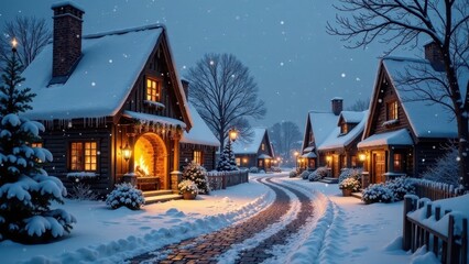 Cozy Winter Village Scene Snow-Covered Houses, Warm Lights, and a Charming Cobblestone Path