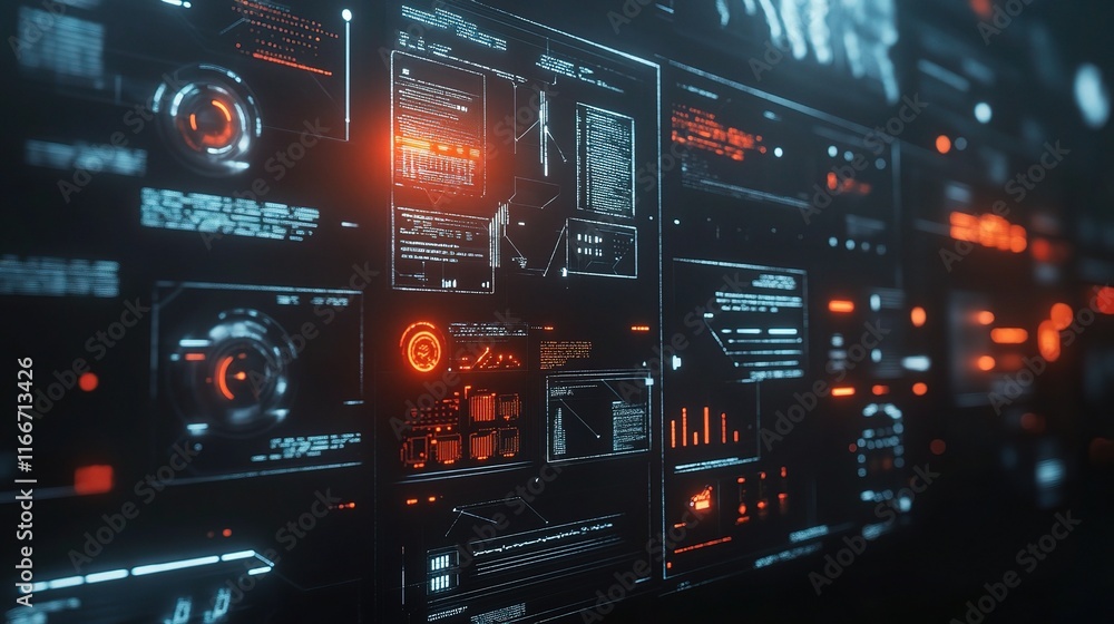Poster futuristic digital screen with glowing icons and data displays