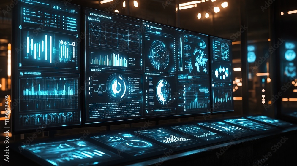 Poster digital business strategy board with data visualizations and graphs