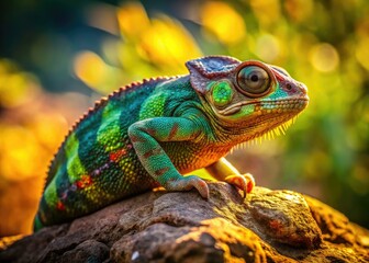 Fototapeta premium A chameleon, basking on a rock, showcases its vibrant green and brown scales in this stunning wildlife photograph.