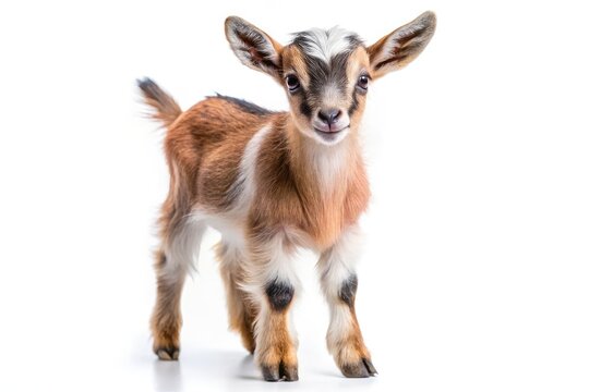 A charming baby goat, perfectly isolated on white, makes a heartwarming farm animal portrait.