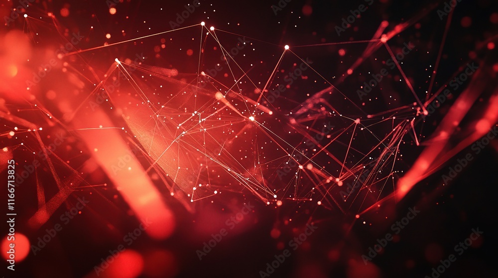 Poster red abstract network: intricate web of glowing red lines and nodes, forming a dynamic and energetic 