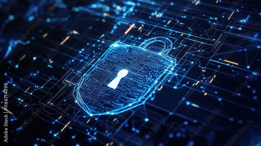 Poster cybersecurity shield: digital lock icon glowing with blue light on a circuit board background, symbo