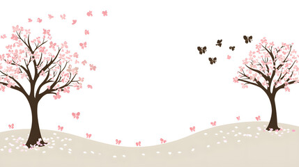 Obraz premium Cherry blossom trees with pink petals gently falling, creating serene and peaceful atmosphere. Butterflies flutter around, enhancing beauty of this tranquil scene