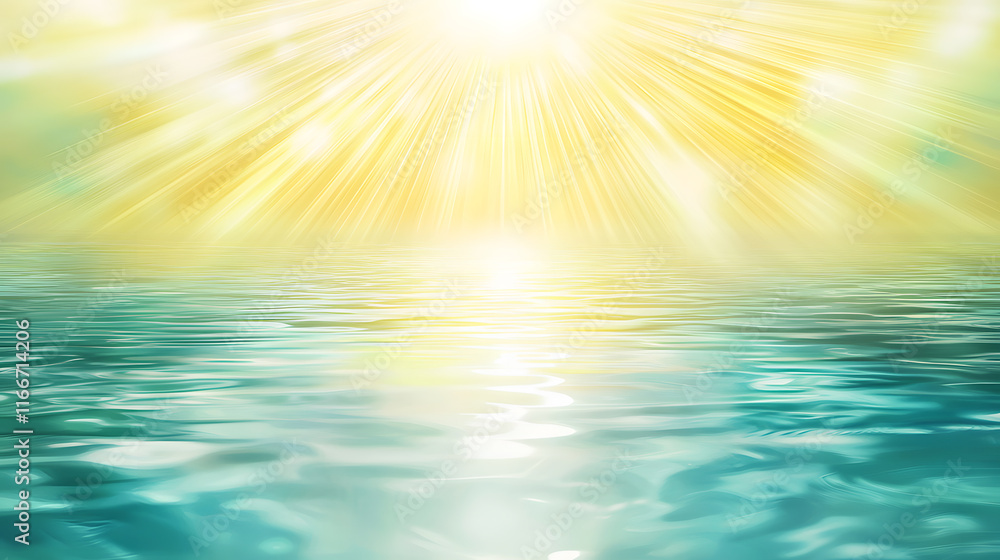 Wall mural Bright yellow sun rays illuminate tranquil turquoise sea, creating serene and peaceful atmosphere. shimmering water reflects warm light, enhancing beauty of scene