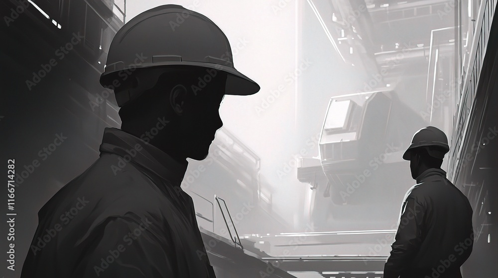 Poster engineer in hardhat collaborating with coworker in industrial setting