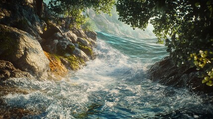 Sunlight filters through the trees, illuminating the vigorous cascade of a forest river invoking a sense of adventure and exploration