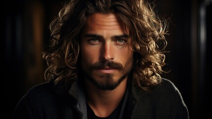 Obraz premium Intense Gaze: A Portrait of a Man with Long Brown Curly Hair