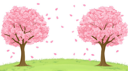 Obraz premium Gentle cherry blossom trees with pink petals falling gracefully, creating serene and tranquil atmosphere in lush green landscape