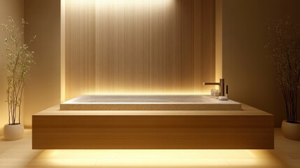Elegant Modern Japanese Bathroom with Hinoki Wood and Stone Bathtub