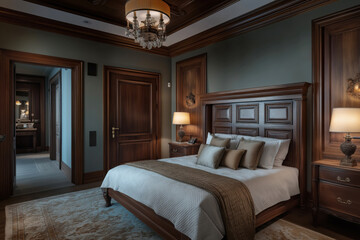 Cozy bedroom with a large double bed and bedside tables in dark brown tones. Modern design, decorative elements.