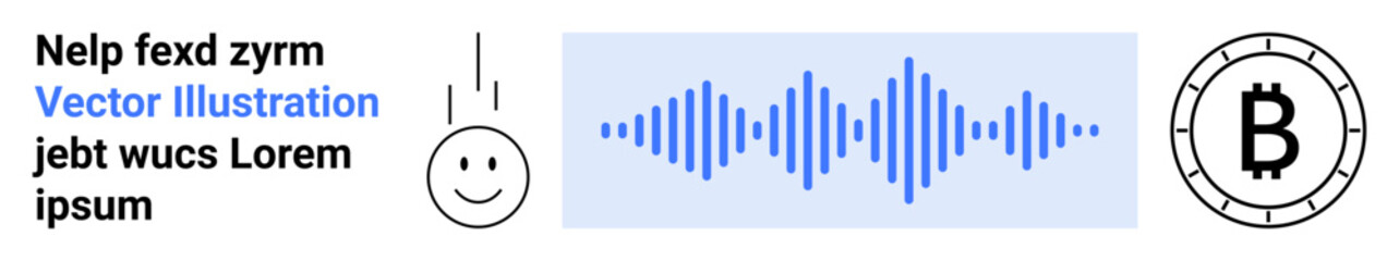 Sound wave in blue, smiling face with arrow above, and a Bitcoin symbol on black outline white coin background. Ideal for technology, cryptocurrency, sound engineering, digital marketing, UXUI