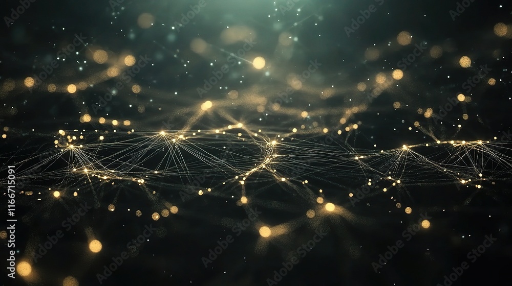 Poster golden network connection: abstract digital illustration of a glowing network, nodes and connections