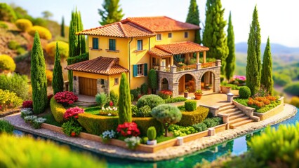 Obraz premium A charming Tuscan villa, nestled in a coastal Mediterranean scene, isolated PNG with white background.