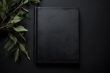 Black book mockup with green leaves on dark background. (6)