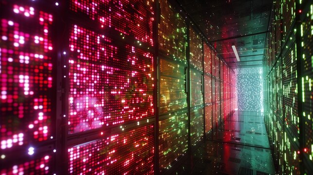 A high-tech server rack with blockchain processing visualized as glowing data streams