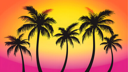 Obraz premium Palm tree silhouettes against vibrant orange and yellow sunset create serene tropical atmosphere. This evokes feelings of relaxation and escape