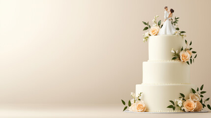A wedding cake with a couple figurine on top