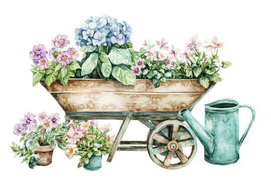 watercolor wheelbarrow with flowers and watering can clip art preview