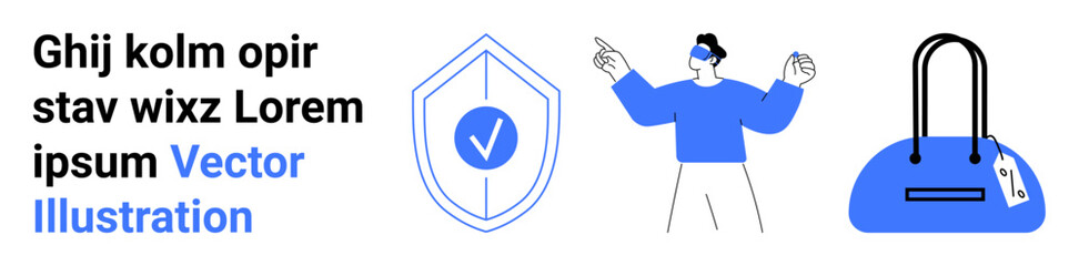 Security shield with check mark, person using VR headset, blue handbag with price tag. Ideal for tech security, virtual reality, shopping, fashion, e-commerce branding online shopping. Landing page
