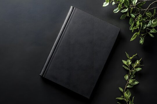 Black book mockup with green leaves on dark background. (15)