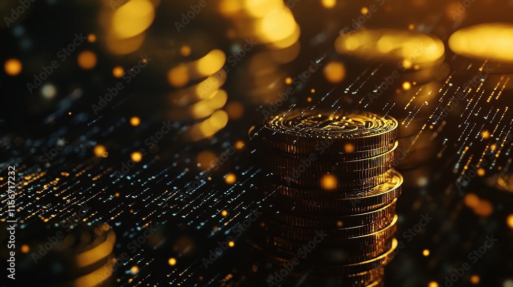 Poster digital financial data representation with 3d floating coins