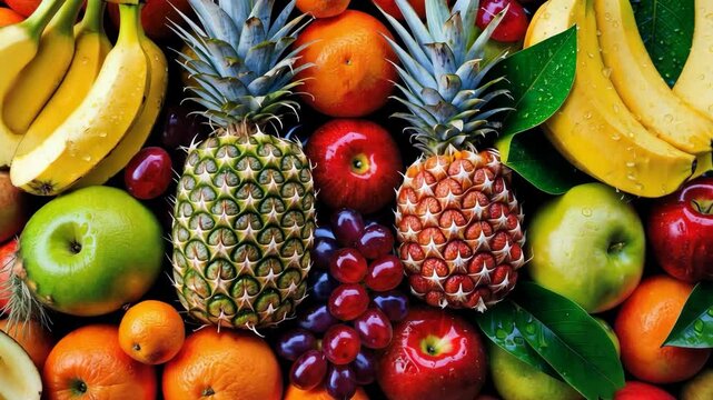 Video footage of vibrant assortment of fruits including pineapples, bananas, apples, oranges, grapes, and more, showcasing a colorful and diverse selection of fresh produce