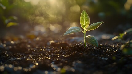 A fresh sprout in the soil illuminated by warm sunlight, soft natural light gently touching the young plant's leaves and the soil