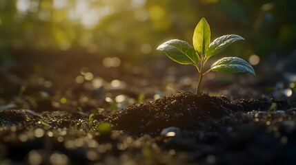 A fresh sprout in the soil illuminated by warm sunlight, soft natural light gently touching the young plant's leaves and the soil