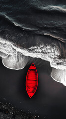 Minimalist aerial photography of the Black Sea, a red boat on a black sand beach, with waves in the background. The color scheme is black and white with one bright neon color as an accent.


