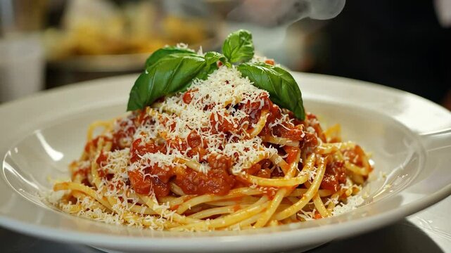 Delicious Plate of Spaghetti with Rich Tomato Sauce and Fresh Basil Garnish