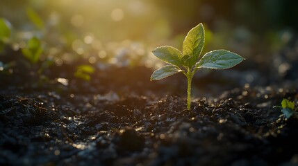 A fresh sprout in the soil illuminated by warm sunlight, soft natural light gently touching the young plant's leaves and the soil