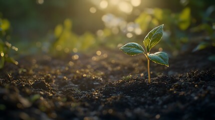 A fresh sprout in the soil illuminated by warm sunlight, soft natural light gently touching the young plant's leaves and the soil