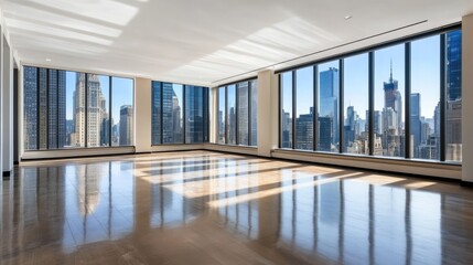Modern empty office with large windows and city view