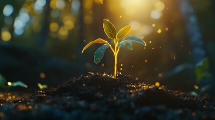 A fresh sprout in the soil illuminated by warm sunlight, soft natural light gently touching the young plant's leaves and the soil