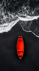 Minimalist aerial photography of the Black Sea, a red boat on a black sand beach, with waves in the background. The color scheme is black and white with one bright neon color as an accent.


