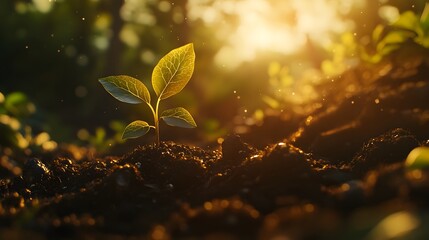 A fresh sprout in the soil illuminated by warm sunlight, soft natural light gently touching the young plant's leaves and the soil