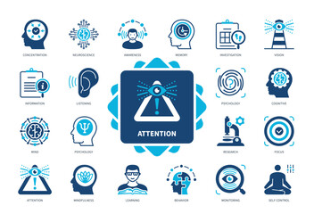 Attention icon set. Memory, Awareness, Neuroscience, Mindfulness, Focus, Monitoring, Research, Cognitive. Duotone color solid icons