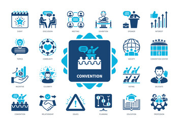 Convention icon set. Community, Exhibition, Event, Planning, Profession, Incentive, Discussion, Speaker. Duotone color solid icons