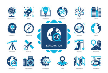 Exploration icon set. Space, Curiosity, Underwater, Photography, Cartography, Discovery, Astronomy, Technology. Duotone color solid icons