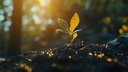 A fresh sprout in the soil illuminated by warm sunlight, soft natural light gently touching the young plant's leaves and the soil