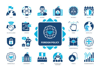 Foreign Policy icon set. Military Alliance, Union, Defense, Humanitarian Aid, Threats, Diplomat, Politics, Nation. Duotone color solid icons