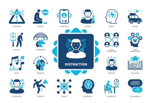 Distraction icon set. Attention, Hunger, Daydreaming, Anxiety, Source, Fatigue, Worrying, Illness. Duotone color solid icons