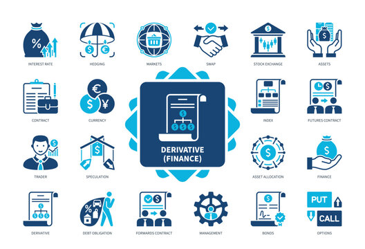 Derivative icon set. Hedging, Swap, SEO, Options, Interest Rate, Speculation, Futures Contract, Trader. Duotone color solid icons
