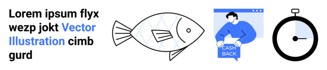 Fish drawing with geometric lines, person holding cashback sign in window, stopwatch icon, and sample Latin text. Ideal for educational materials, marketing, financial services, time management, web
