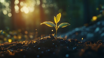 A fresh sprout in the soil illuminated by warm sunlight, soft natural light gently touching the young plant's leaves and the soil