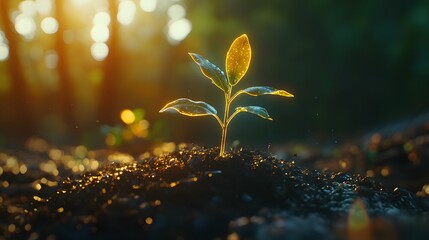 A fresh sprout in the soil illuminated by warm sunlight, soft natural light gently touching the young plant's leaves and the soil