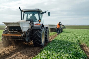 Farmers fertilizing arable land with organic fertilizer using tractor and trailer in field